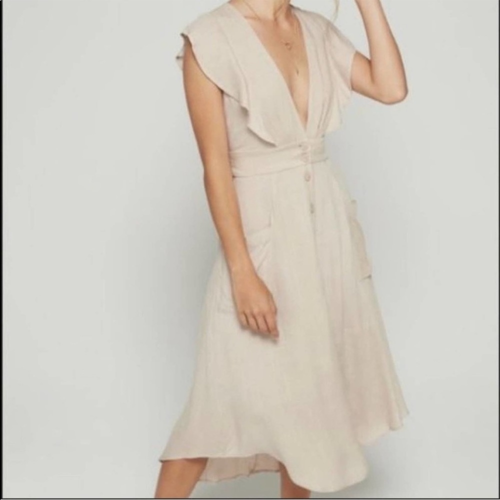 Adelyn Rae Ruffled Front Midi Dress Tan Size Medium